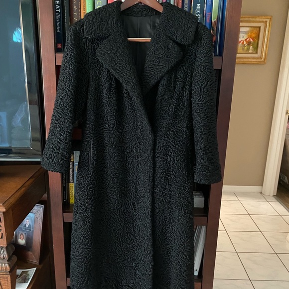 Curly Lamb Long Coat Wool Fur Black Persian Silk Lined Velvet Pockets Vintage - Picture 2 of 13